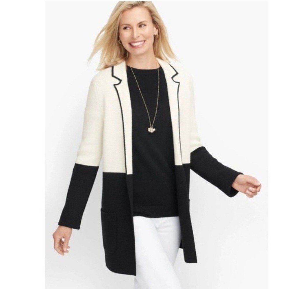Talbots Womens Milano Stitch Sweater Jacket Colorblock Size Large Wool Career